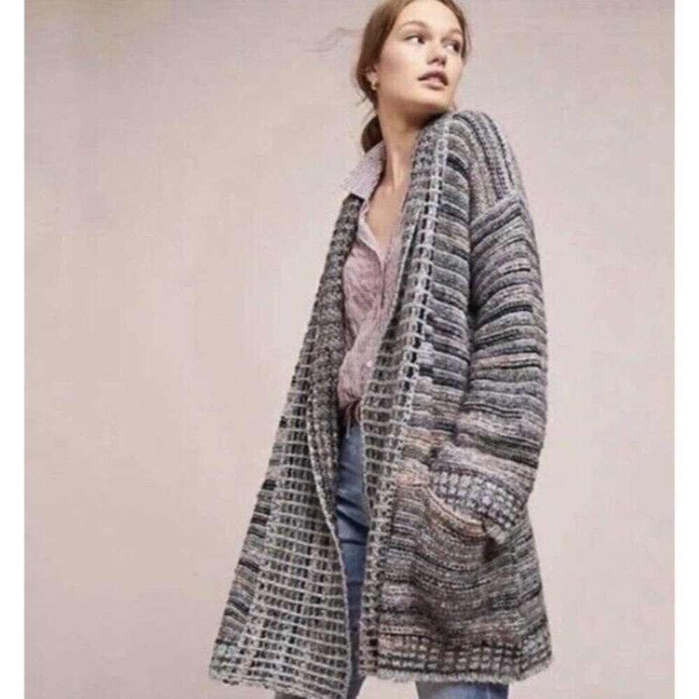 Anthropologie Cardigan Sweater Pink Gray Black M Medium Thick Alpaca Wool $180 - Picture 9 of 16